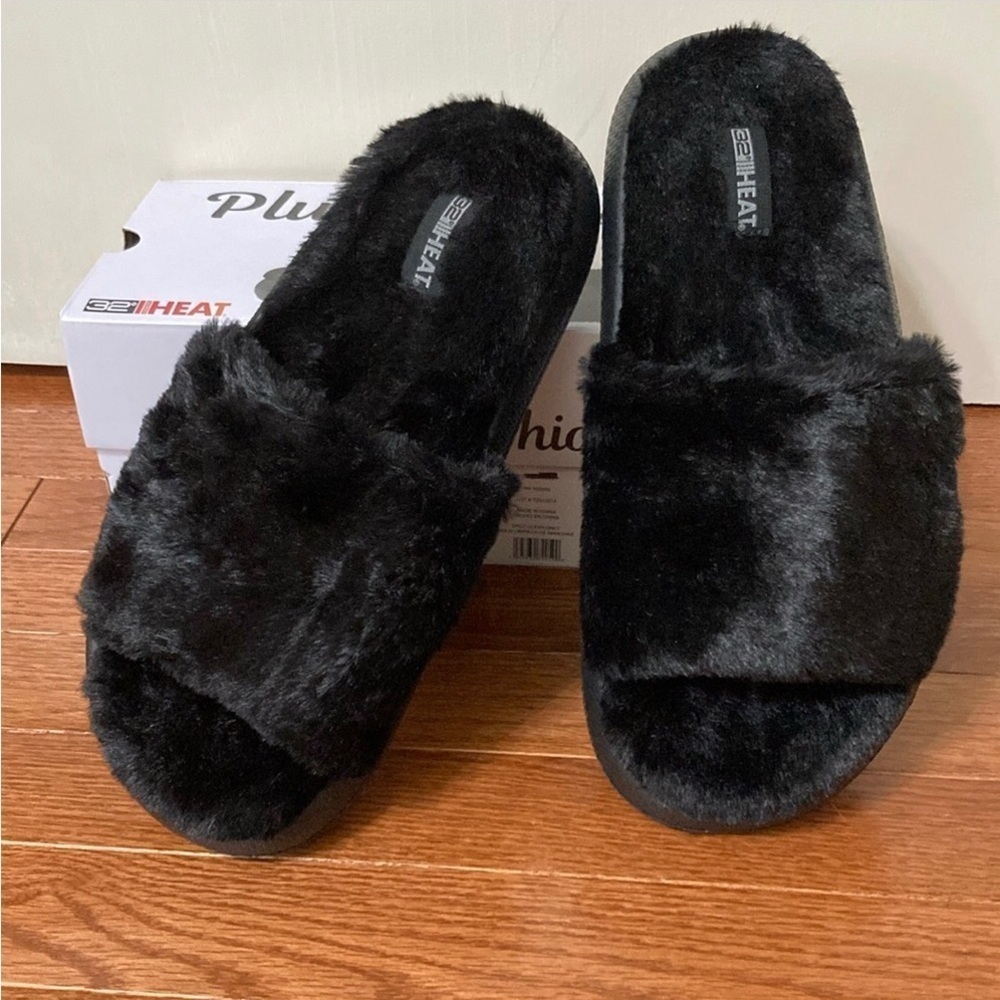 32 Degrees Heat Plush Faux Fur Cushion Slide Slipper, Black, NEW, Size L